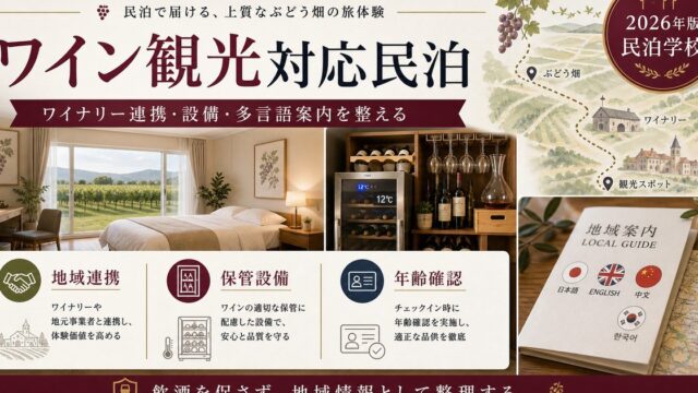 ワイン観光対応民泊の地域連携、保管設備、年齢確認を整理した図