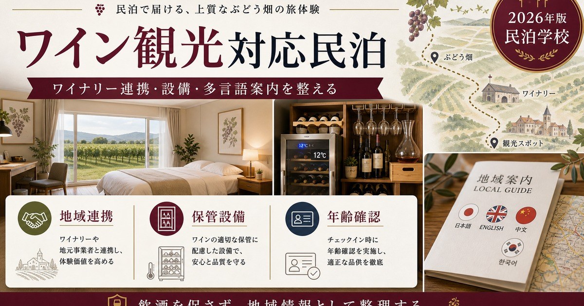ワイン観光対応民泊の地域連携、保管設備、年齢確認を整理した図