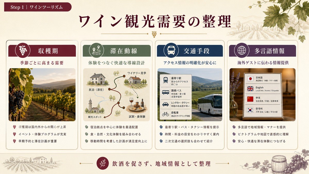 ワイン観光需要を収穫期、滞在動線、交通手段、多言語情報で整理した図