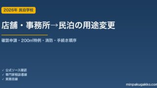 店舗・事務所を民泊に転用する「用途変更」ガイド 2026年版｜建築基準法の確認申請・200㎡特例・消防設備・手続き順序