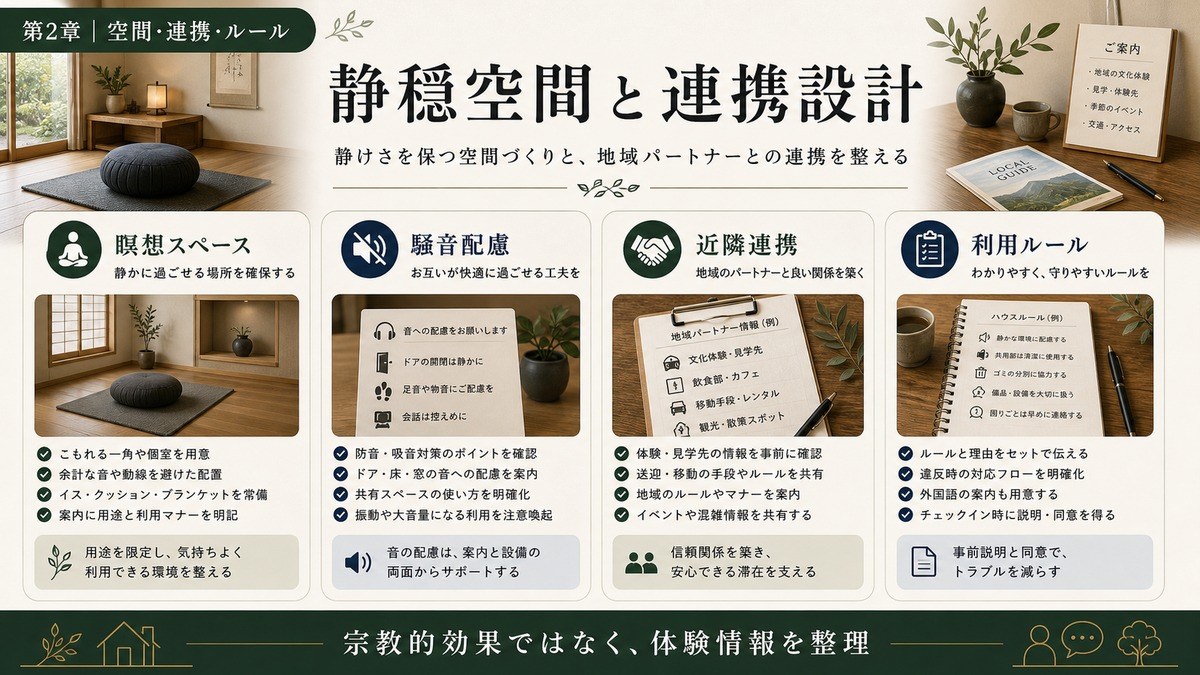 禅体験対応民泊の静穏空間と連携設計を瞑想スペース、騒音配慮、近隣連携、利用ルールで整理した図