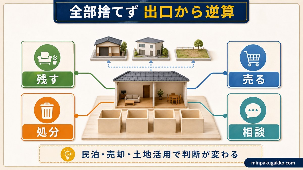 空き家の片付けを残す・売る・処分・相談に分けて出口から逆算する図