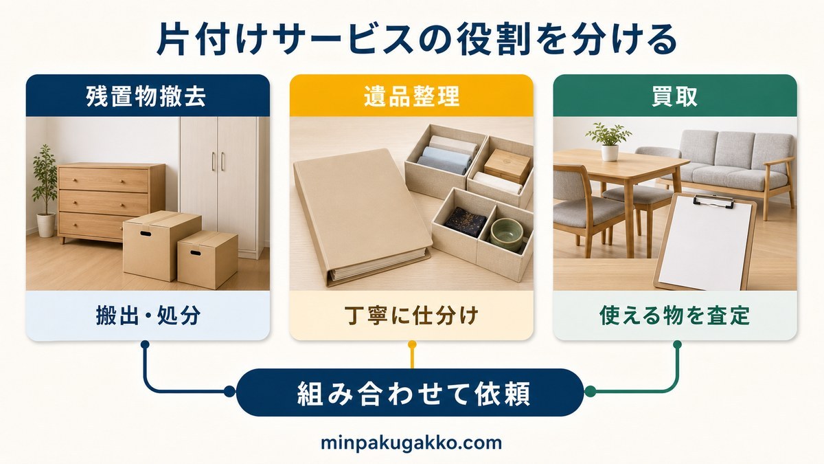 残置物撤去・遺品整理・買取の役割と組み合わせを比較する図