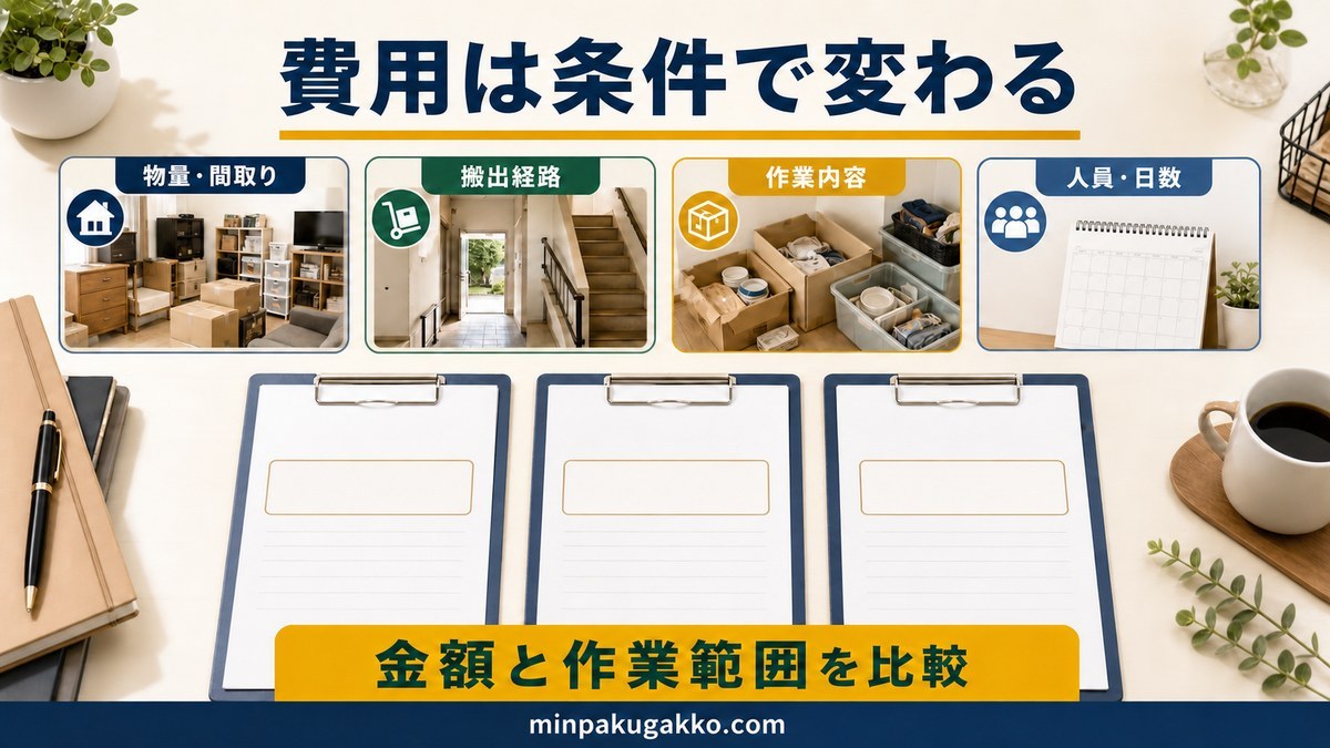 片付け費用が物量・搬出経路・作業内容・人員日数で変わることを示す図
