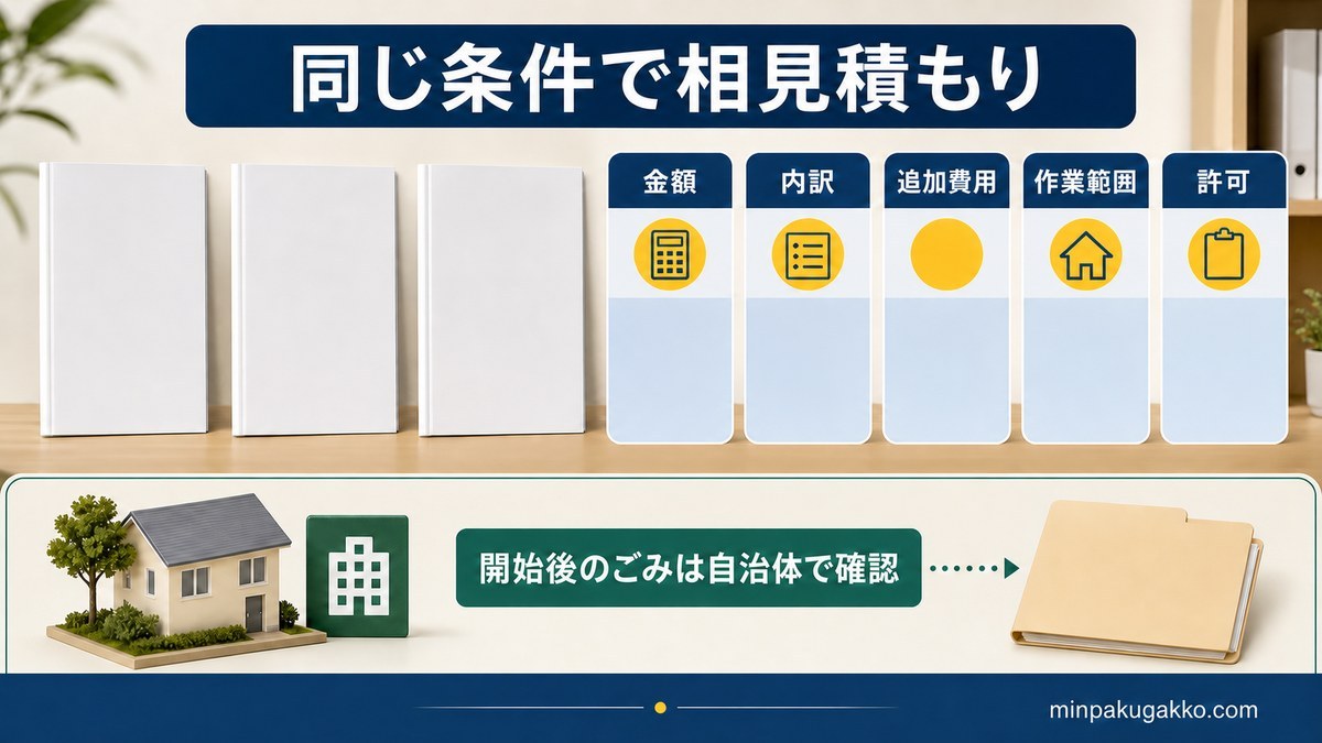 同じ条件で複数見積もりの金額・内訳・追加費用・作業範囲・許可を比べる図