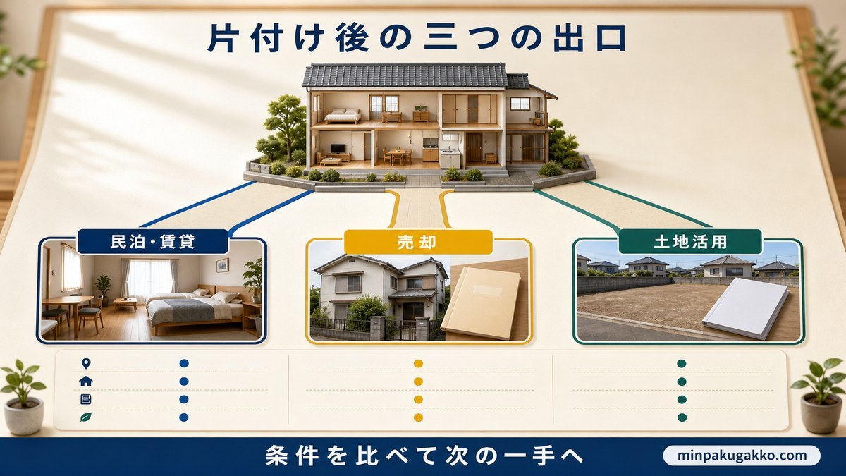 片付け後の空き家を民泊賃貸・売却・土地活用の三つの出口で比較する図