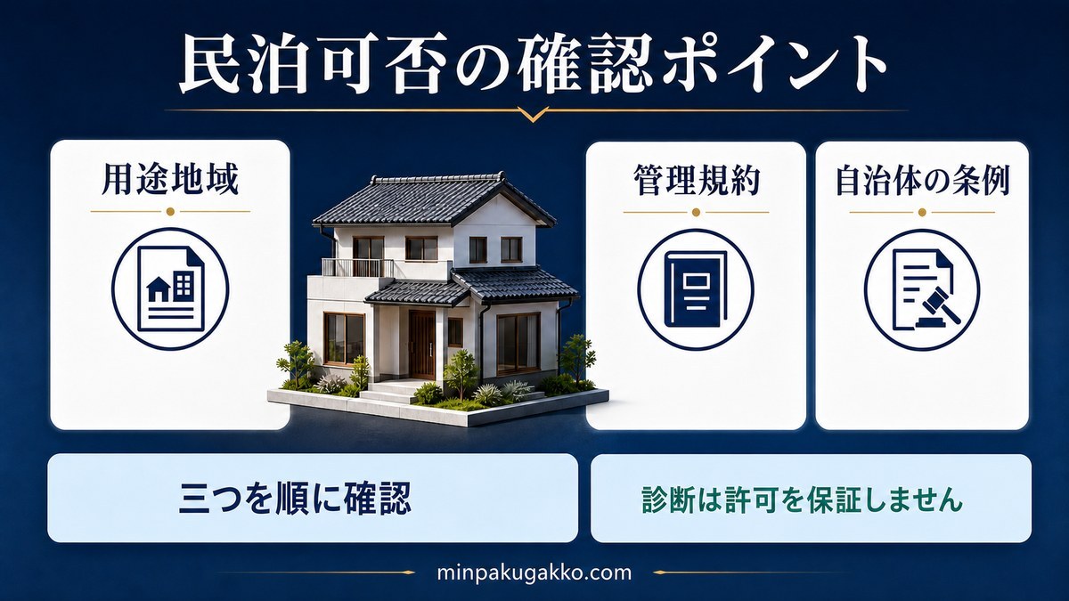 民泊可否を用途地域・管理規約・自治体条例の三点から確認する図