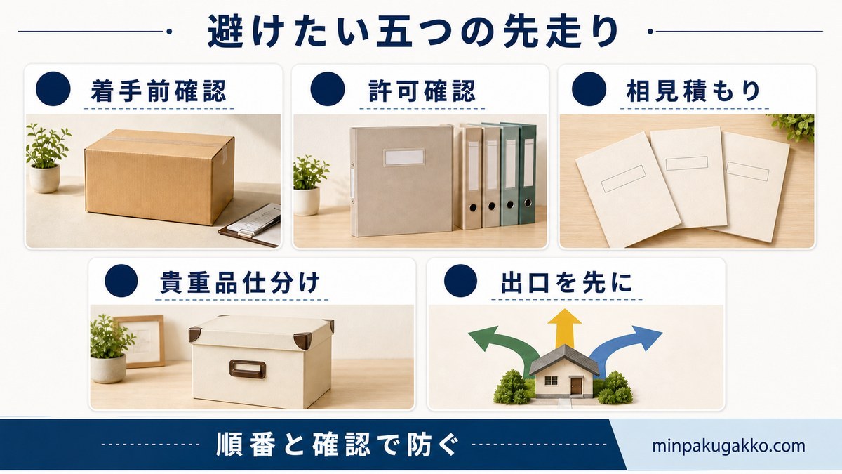 空き家片付けで着手前・許可・相見積もり・貴重品・出口を確認する失敗予防図