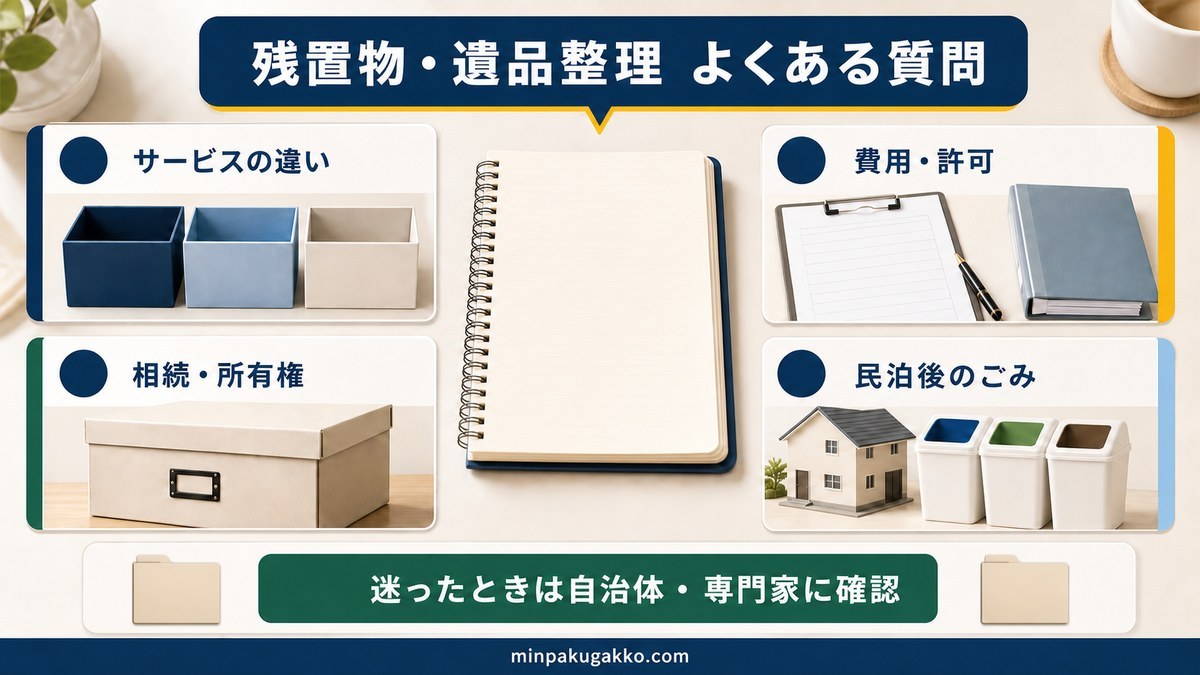 残置物・遺品整理のサービス・費用許可・相続所有権・民泊後のごみのFAQ図