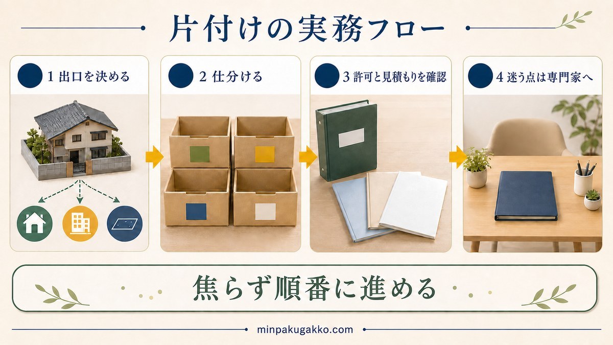 空き家片付けを出口決定・仕分け・許可と見積もり確認・専門家確認で進める図