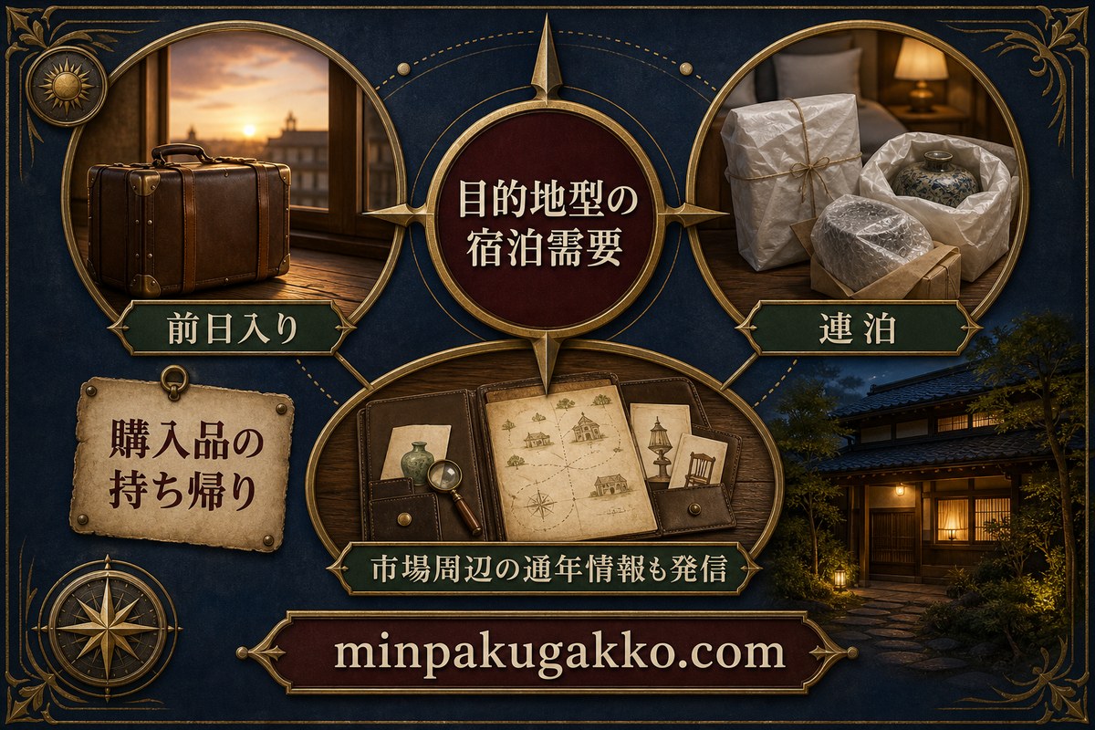 骨董・ヴィンテージ市を目的とする前日入り、連泊、購入品の持ち帰り需要を整理した図