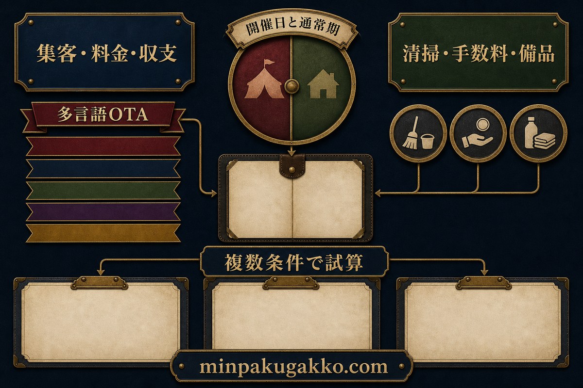 多言語OTA、開催日と通常期、清掃費、手数料、備品費を分けて複数条件で収支を試算する図