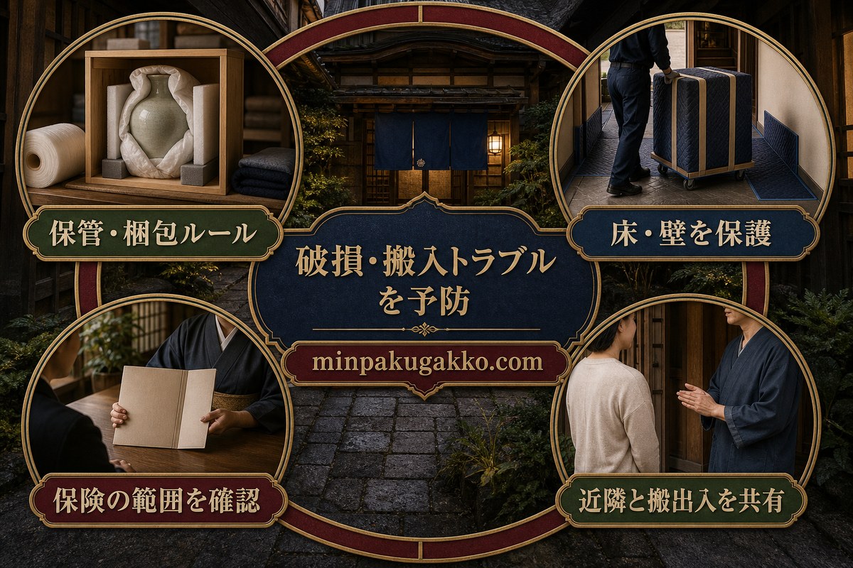 保管と梱包のルール、床と壁の保護、保険確認、近隣との搬出入共有でトラブルを予防する図