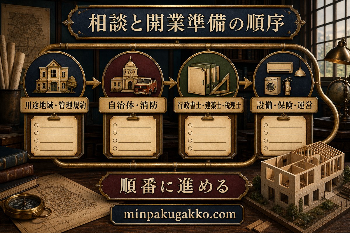用途地域と管理規約、自治体と消防、行政書士、建築士、税理士、設備と保険と運営を順番に確認する図