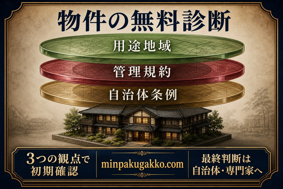 用途地域、管理規約、自治体条例の三つの観点で骨董市周辺物件を初期確認する無料診断図