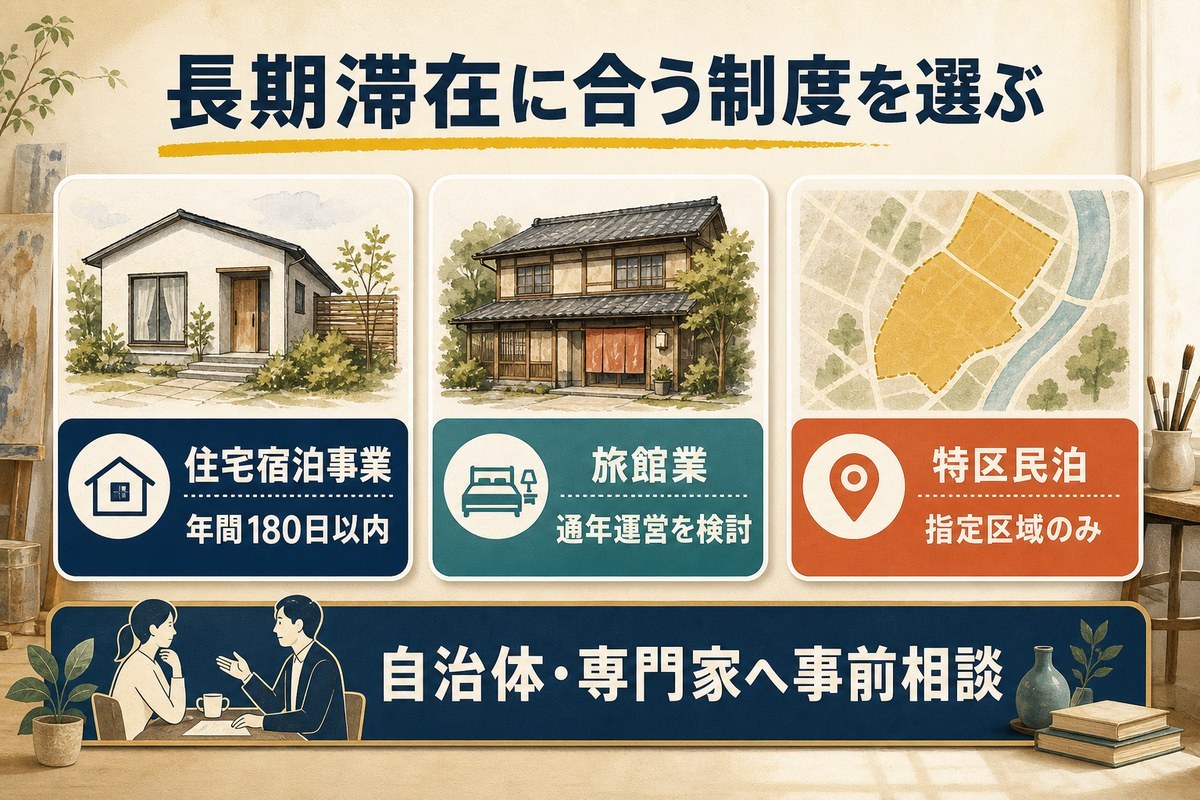 住宅宿泊事業、旅館業、特区民泊を長期滞在への適用条件で比較した図
