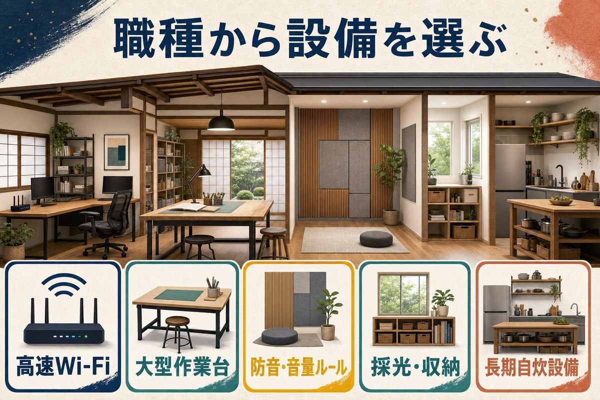 高速Wi-Fi、大型作業台、防音、採光と収納、長期自炊設備を備えたクリエイター向け民泊の図