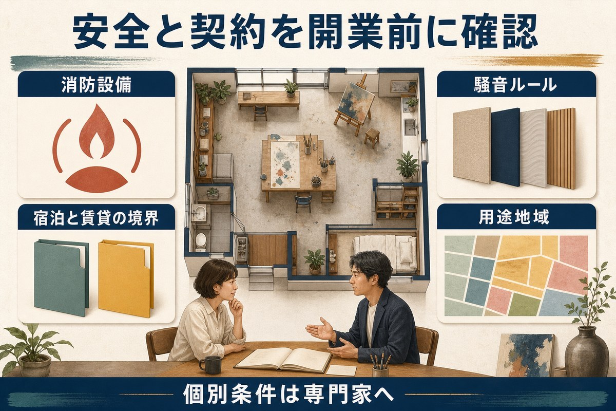 消防設備、騒音ルール、宿泊と賃貸の境界、用途地域を開業前に確認する図