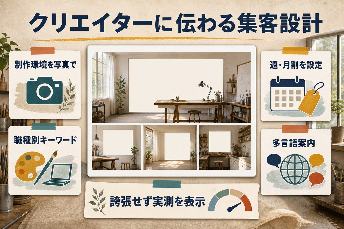 制作環境の写真、職種別キーワード、長期割引、多言語案内を使ったクリエイター向け集客設計の図