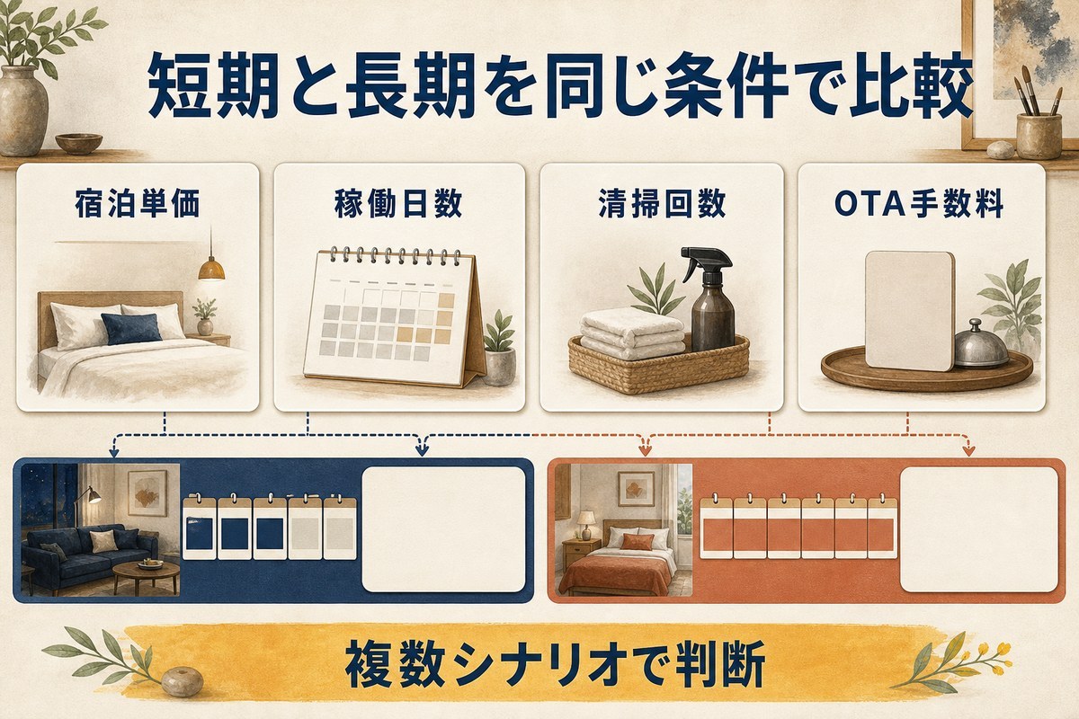宿泊単価、稼働日数、清掃回数、OTA手数料を同じ条件で短期・長期比較する図