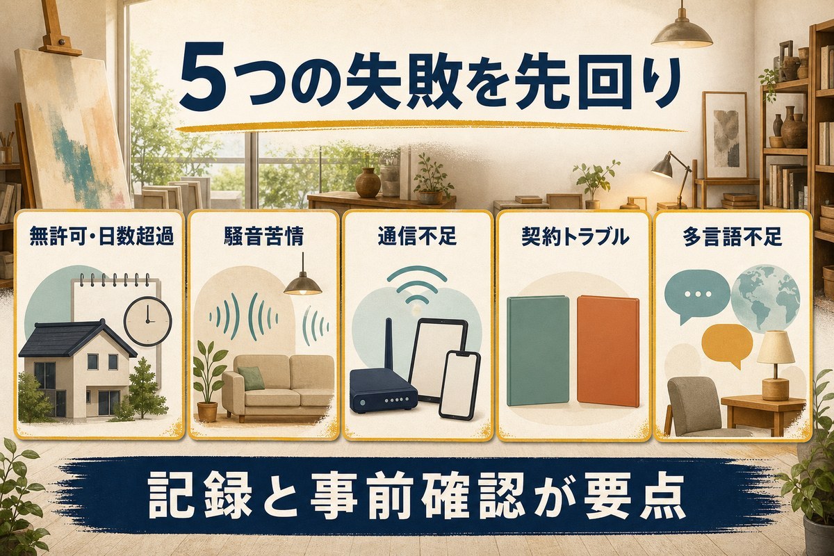 日数超過、騒音、通信不足、契約、多言語対応という5つの失敗を整理した図