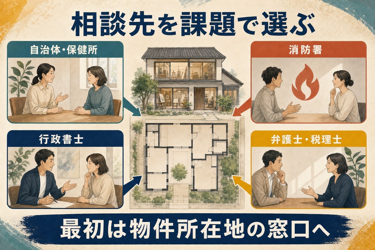 自治体・保健所、消防署、行政書士、弁護士・税理士への相談経路を示す図