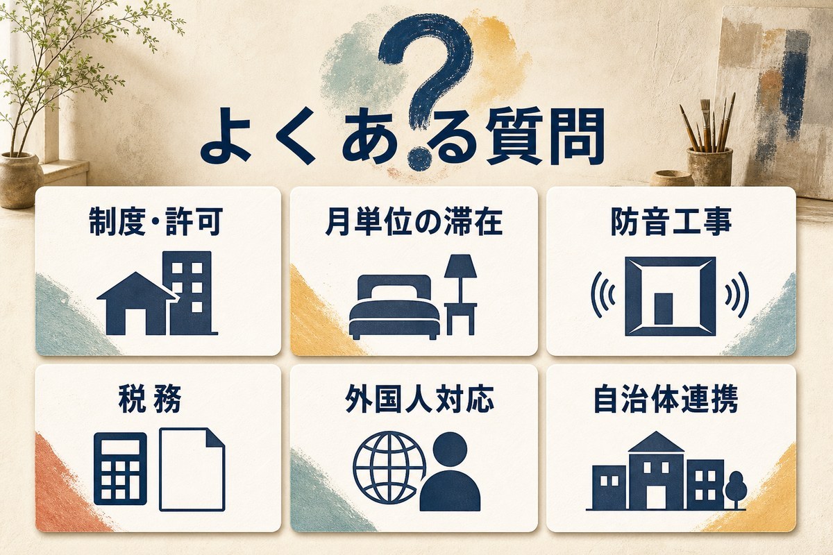 制度・許可、月単位滞在、防音工事、税務、外国人対応、自治体連携のFAQ項目を整理した図