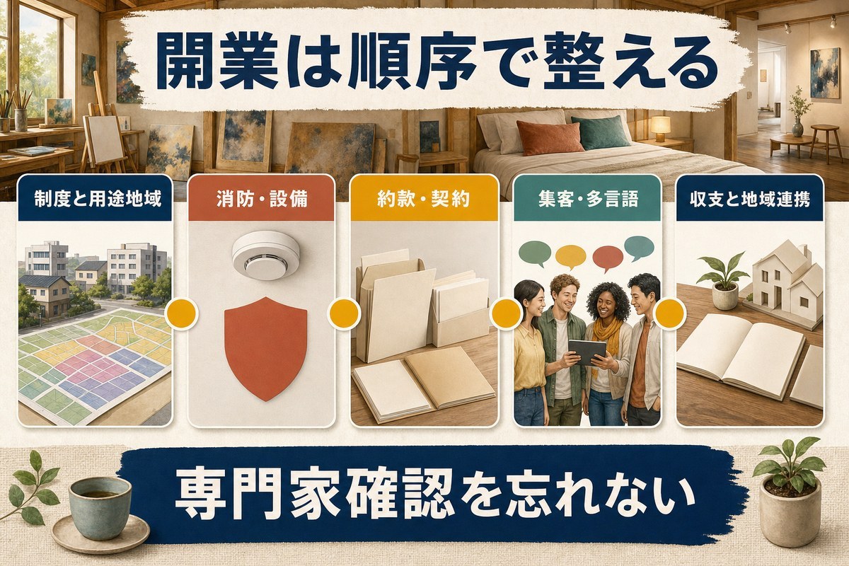 制度、消防と設備、契約、集客、収支と地域連携を順番に整える開業準備の図
