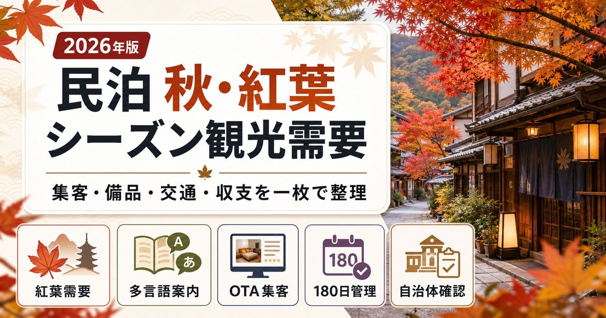 民泊の秋・紅葉シーズン観光需要について、紅葉需要、多言語案内、OTA集客、180日管理、自治体確認を整理したアイキャッチ画像