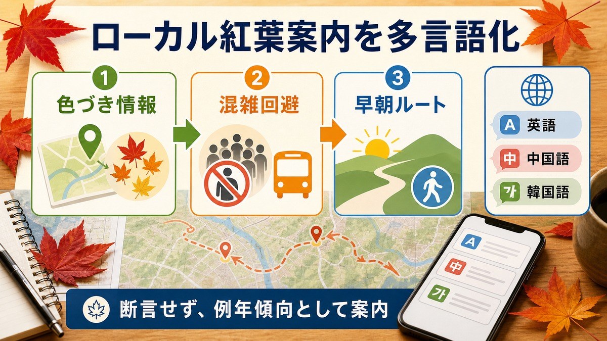 ローカル紅葉案内の多言語整備として、色づき情報、混雑回避、早朝ルート、英語・中国語・韓国語、例年傾向としての案内を整理した図解