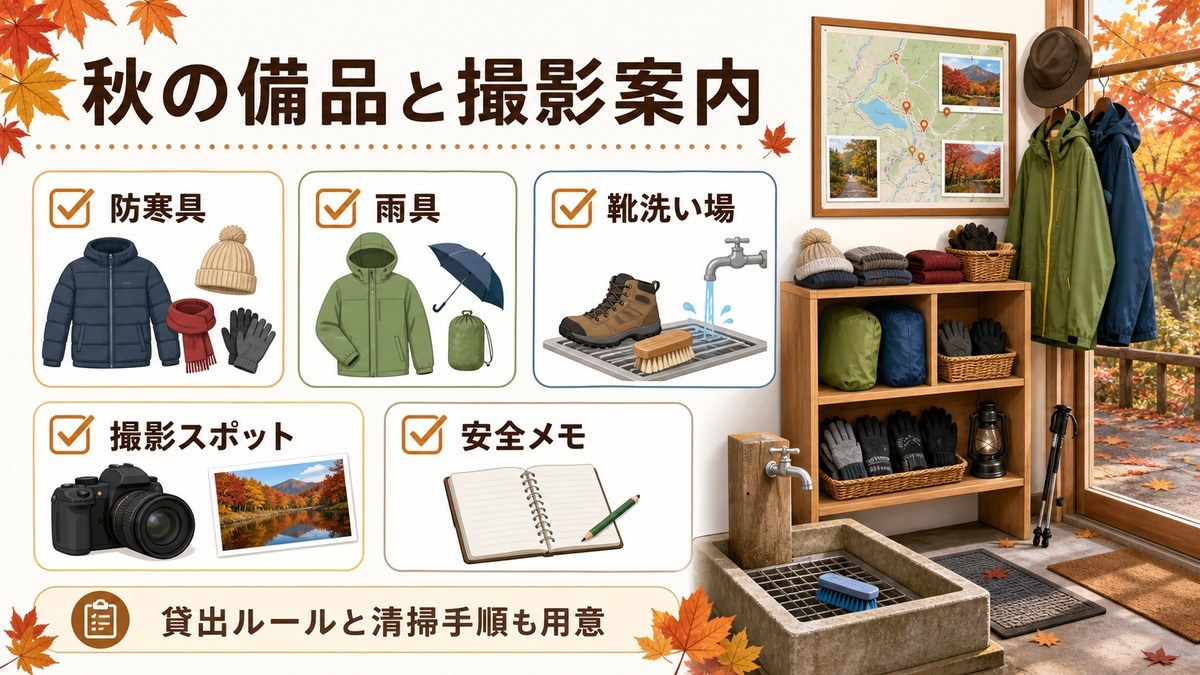 秋の民泊備品と撮影案内として、防寒具、雨具、靴洗い場、撮影スポット、安全メモ、貸出ルールを整理した図解