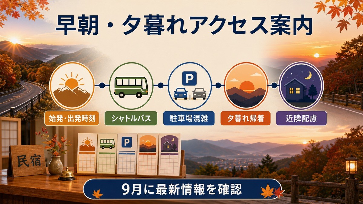 秋の早朝・夕暮れアクセス案内として、始発や出発時刻、シャトルバス、駐車場混雑、夕暮れ帰着、近隣配慮を整理した図解