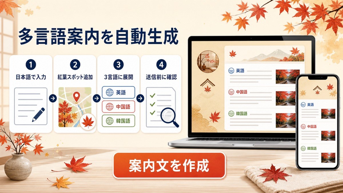 多言語チェックイン案内と紅葉スポット案内の自動生成として、日本語入力、紅葉スポット追加、3言語展開、送信前確認を整理した図解