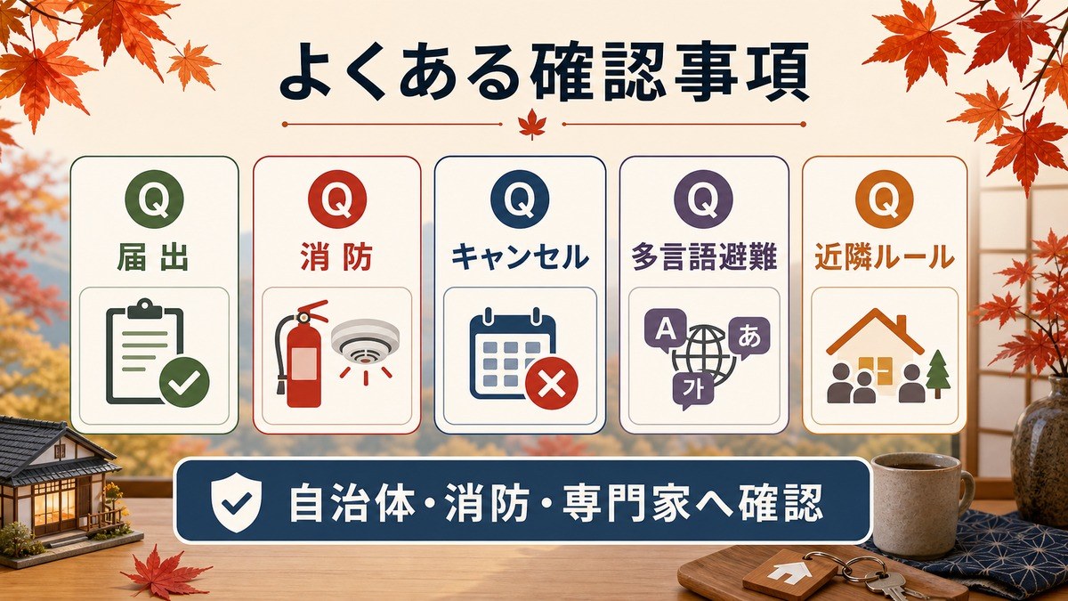 紅葉シーズン民泊のFAQとして、届出、消防、キャンセル、多言語避難、近隣ルール、自治体・消防・専門家確認を整理した図解