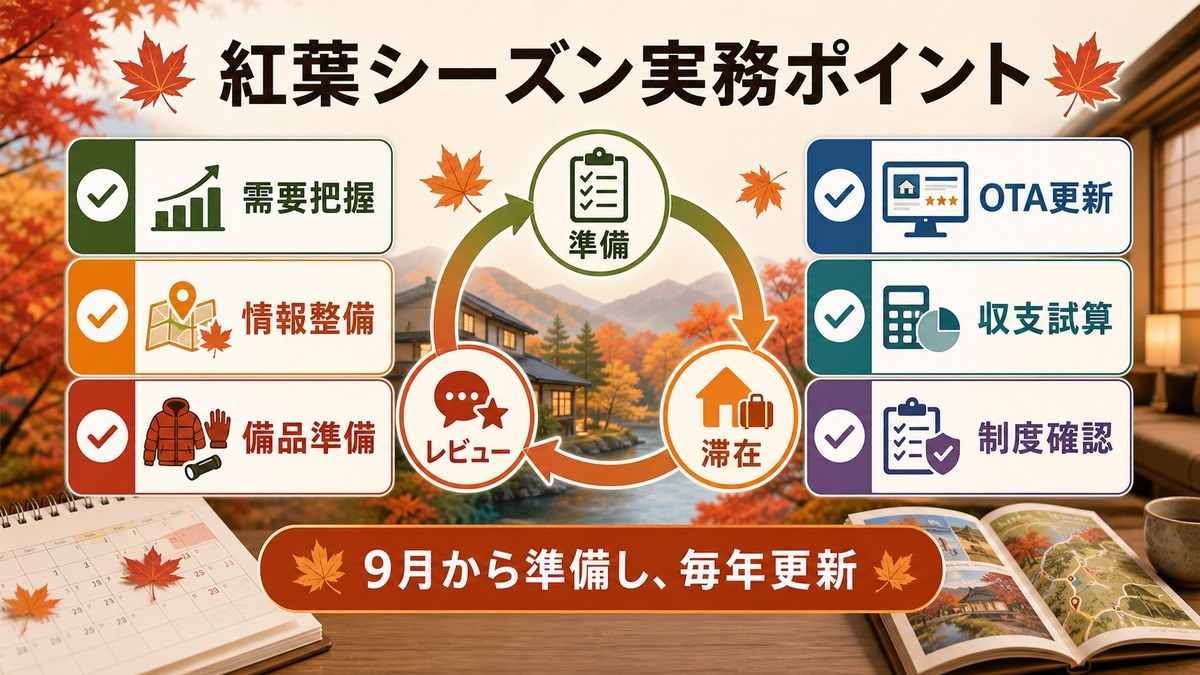 紅葉シーズン民泊の実務ポイントとして、需要把握、情報整備、備品準備、OTA更新、収支試算、制度確認を整理した図解