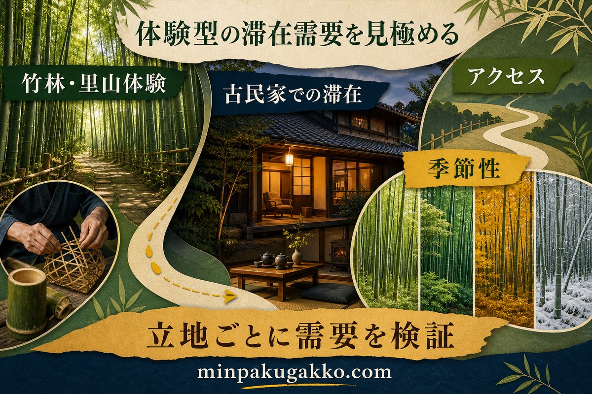 竹林・里山体験、古民家滞在、アクセス、季節性から地域の宿泊需要を見極める図