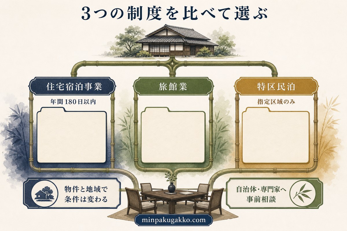 住宅宿泊事業、旅館業、特区民泊を比較し、物件と地域ごとの確認を促す図