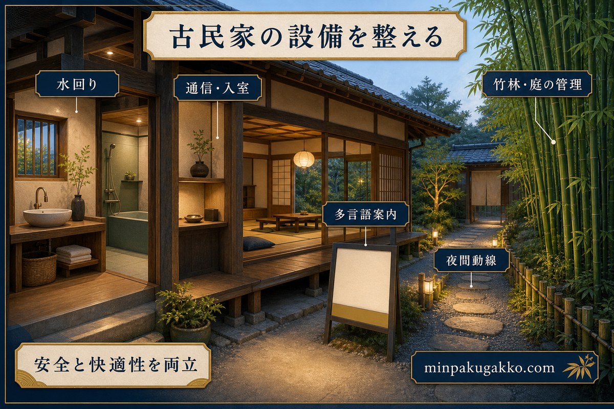 古民家の水回り、通信、入室、多言語案内、夜間動線、竹林管理を整理した図