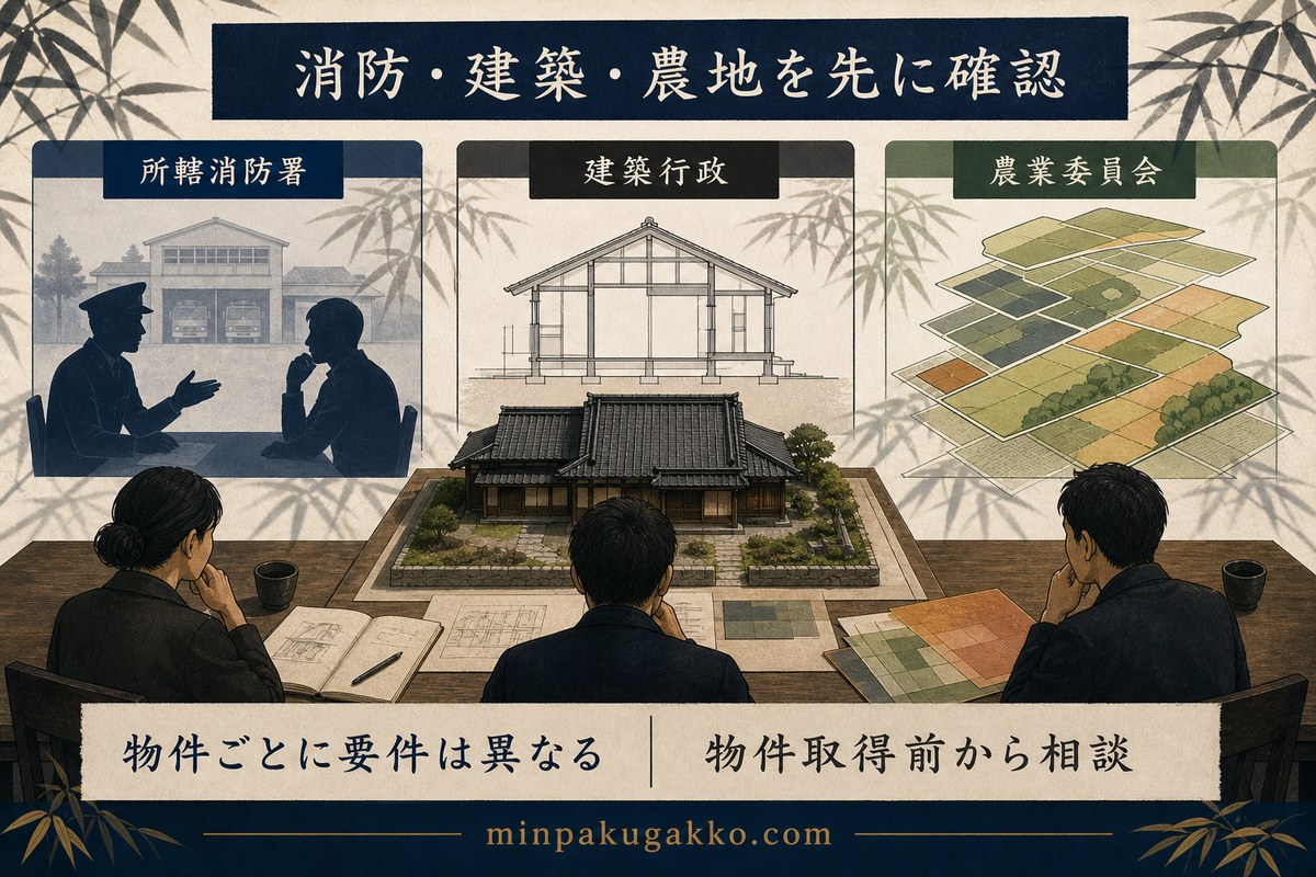消防署、建築行政、農業委員会へ物件取得前から確認する三つの流れ