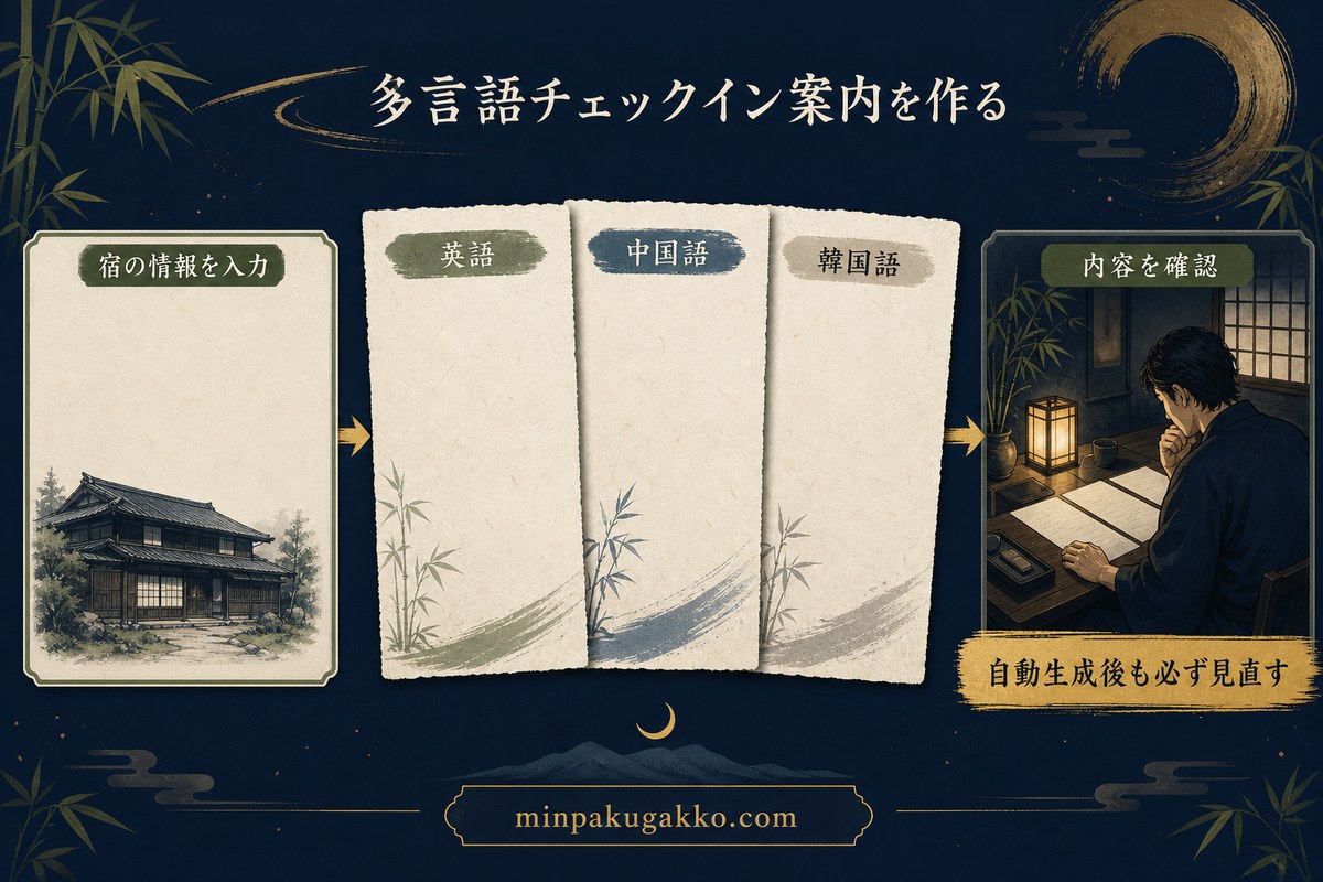 宿の情報から英語、中国語、韓国語のチェックイン案内を作って確認する流れ
