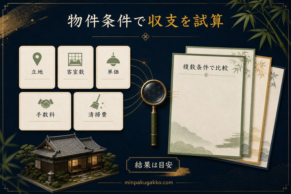 立地、客室数、単価、手数料、清掃費を入力して複数条件の収支を比べるシミュレーター図
