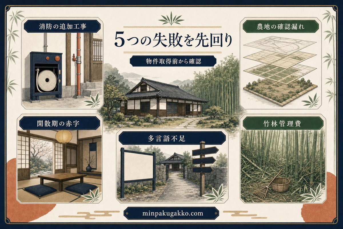 消防工事、農地確認、閑散期、多言語、竹林管理費の五つの失敗を先回りする図