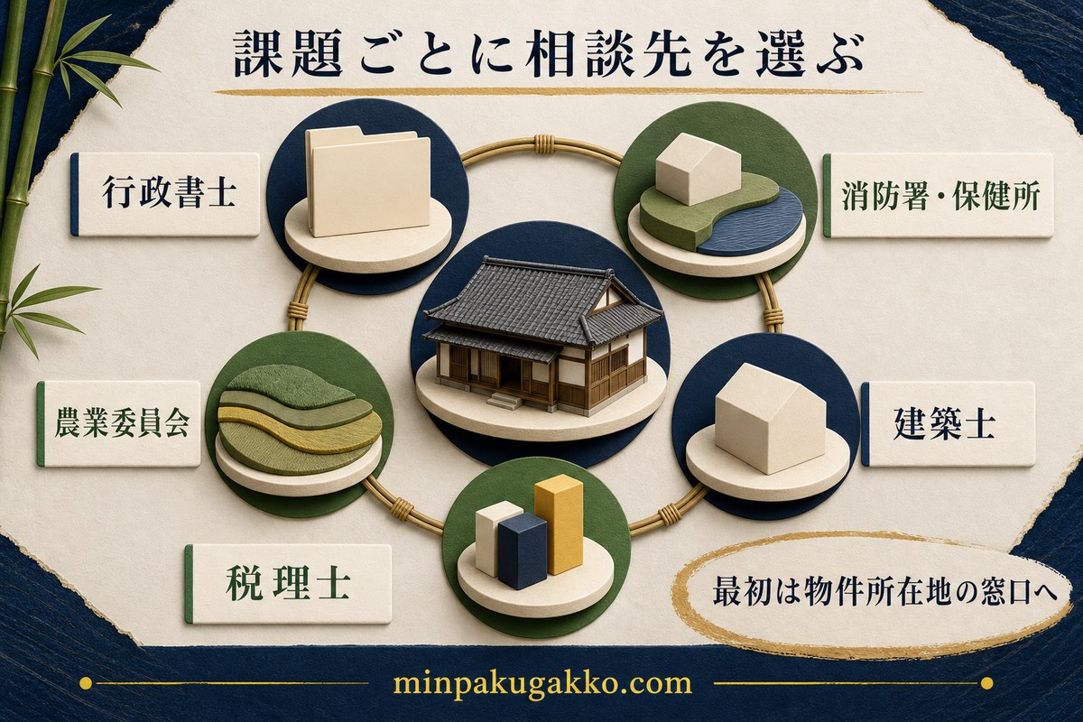 許認可、消防、農地、建築、税務の課題ごとに相談先を選ぶ図