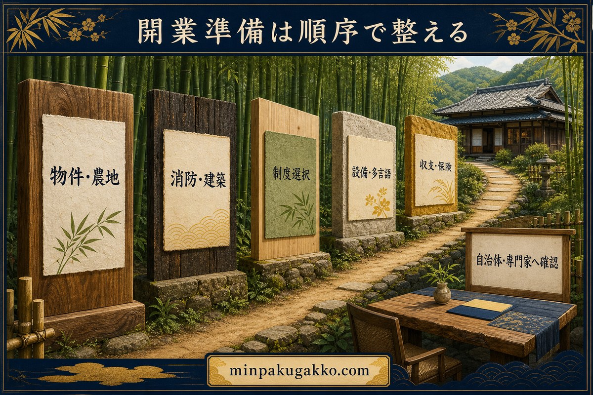 物件と農地、消防と建築、制度、設備と多言語、収支と保険を順に整える開業準備図