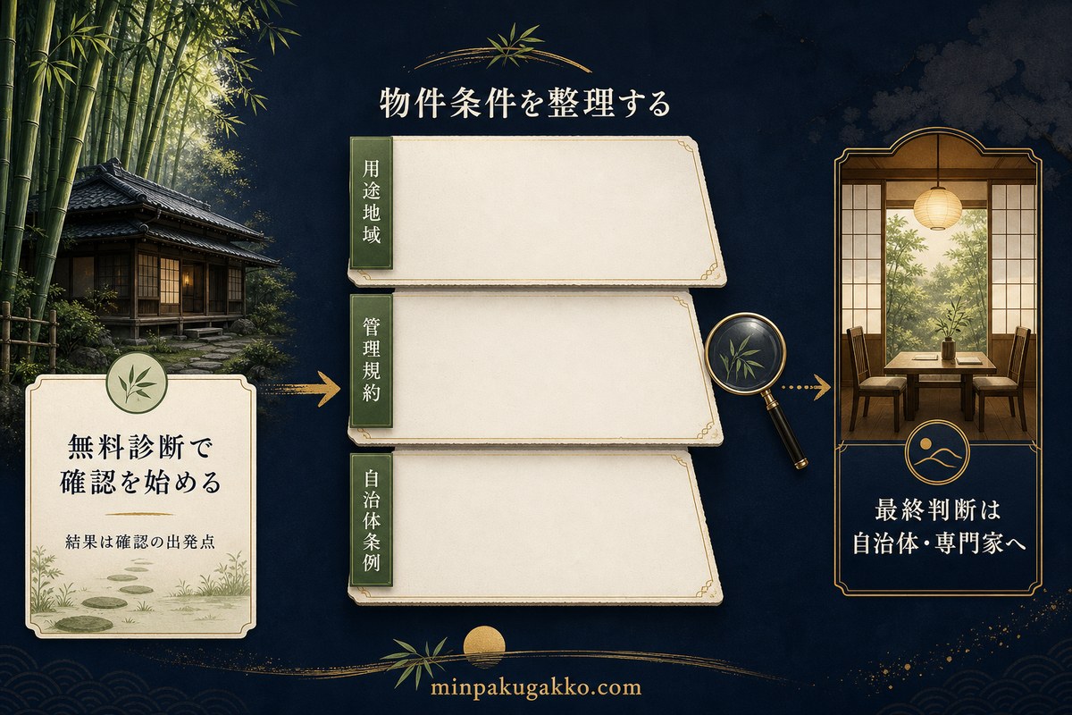 用途地域、管理規約、自治体条例を整理し、無料診断から個別確認を始める流れ
