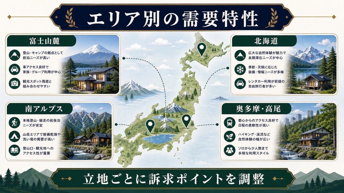 人気キャンプ地近隣エリア別の需要特性として富士山麓、南アルプス、北海道、奥多摩・高尾を整理した図解