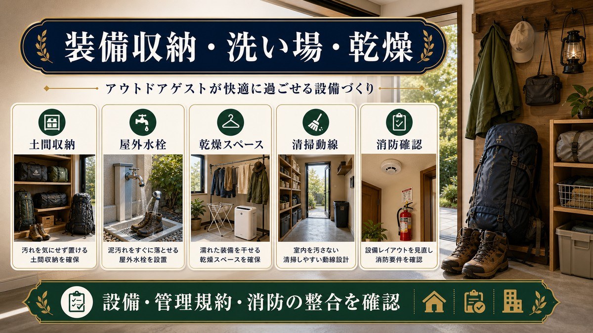 大型アウトドア装備の収納、屋外水栓、乾燥スペース、清掃動線、消防確認を整理した図解