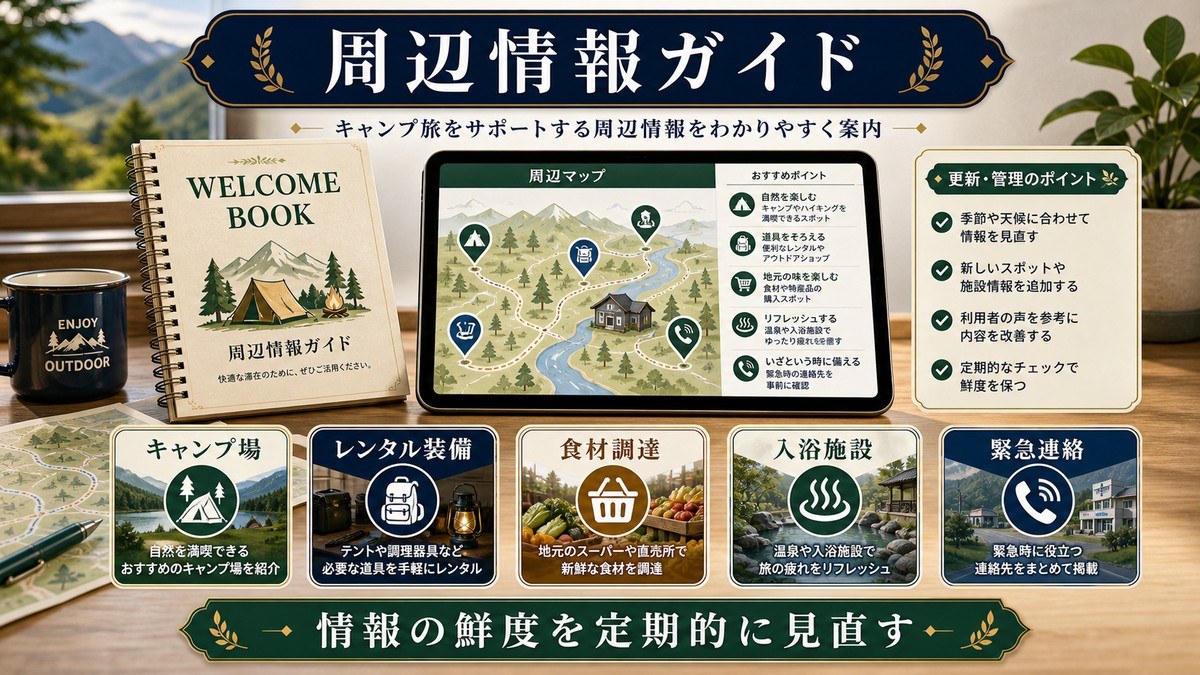 近隣キャンプ場、レンタル装備、食材調達、入浴施設、緊急連絡の案内整備を整理した図解