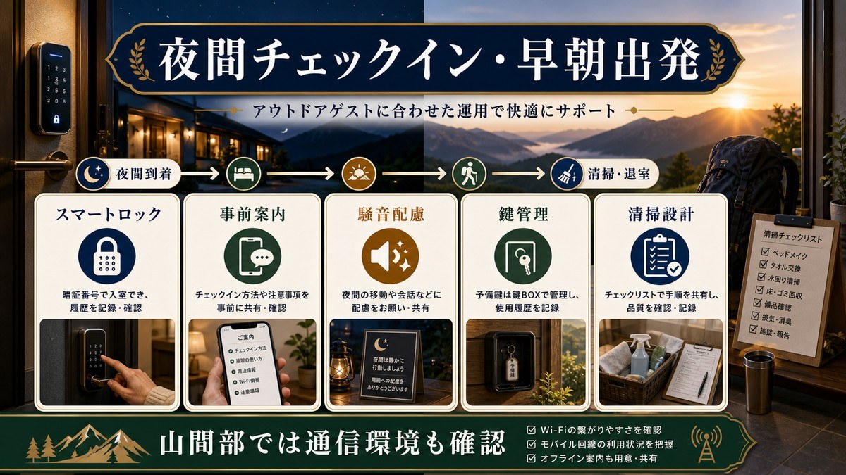 夜間チェックインと早朝出発の体制としてスマートロック、事前案内、騒音配慮、鍵管理、清掃設計を整理した図解