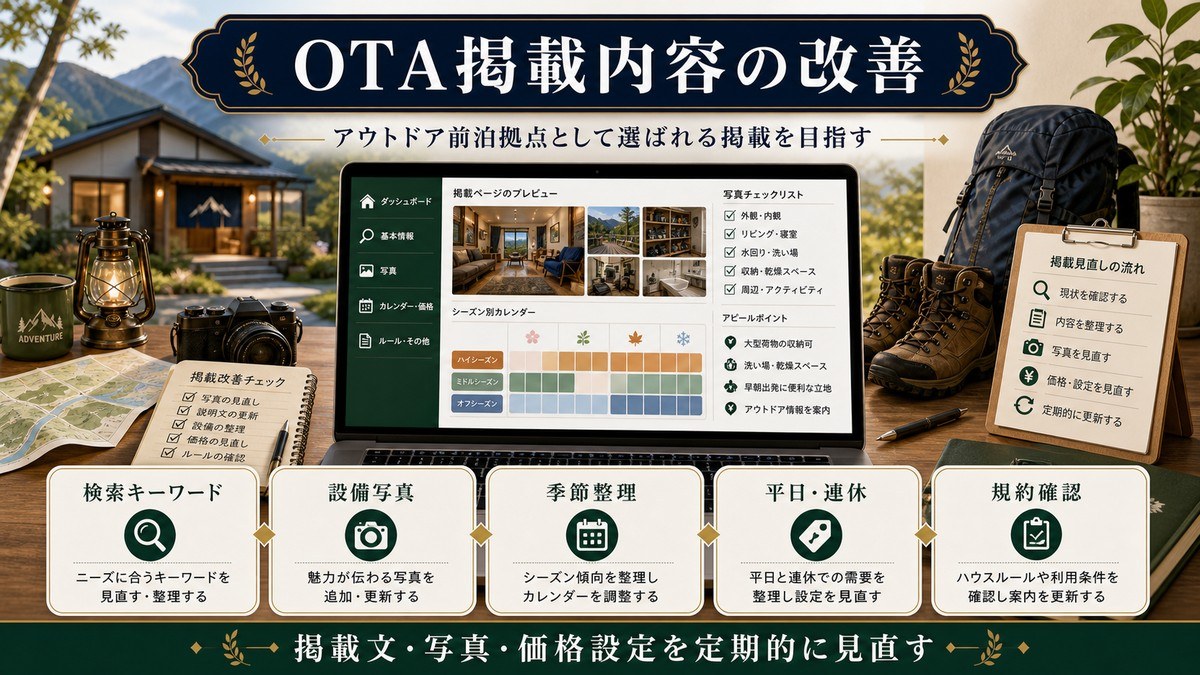 アウトドア前泊拠点民泊のOTA掲載改善として検索キーワード、設備写真、季節整理、平日・連休、規約確認を整理した図解